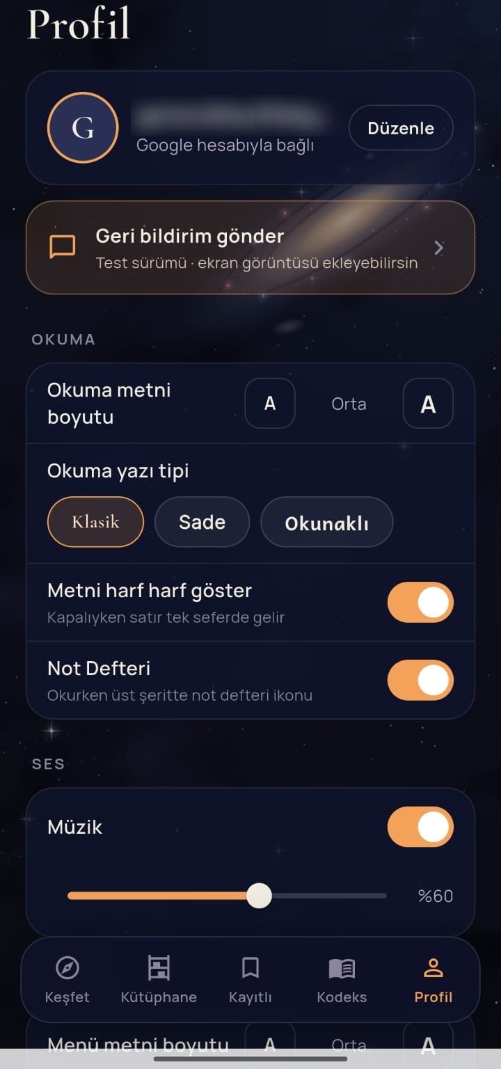 Emberline profile screen: reading text size, typeface, letter-by-letter display and music settings