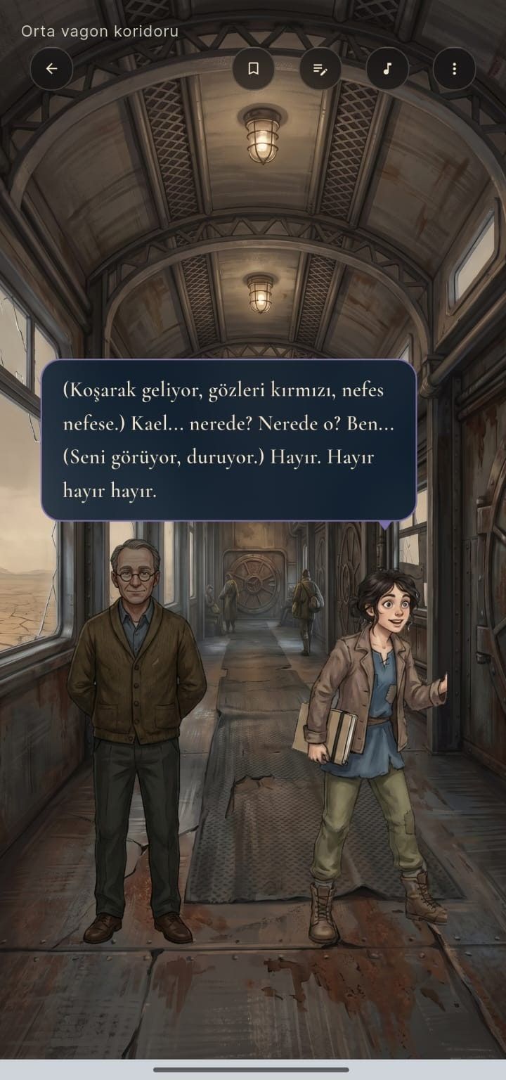 Emberline reader screen: two characters in a train carriage and a dialogue bubble