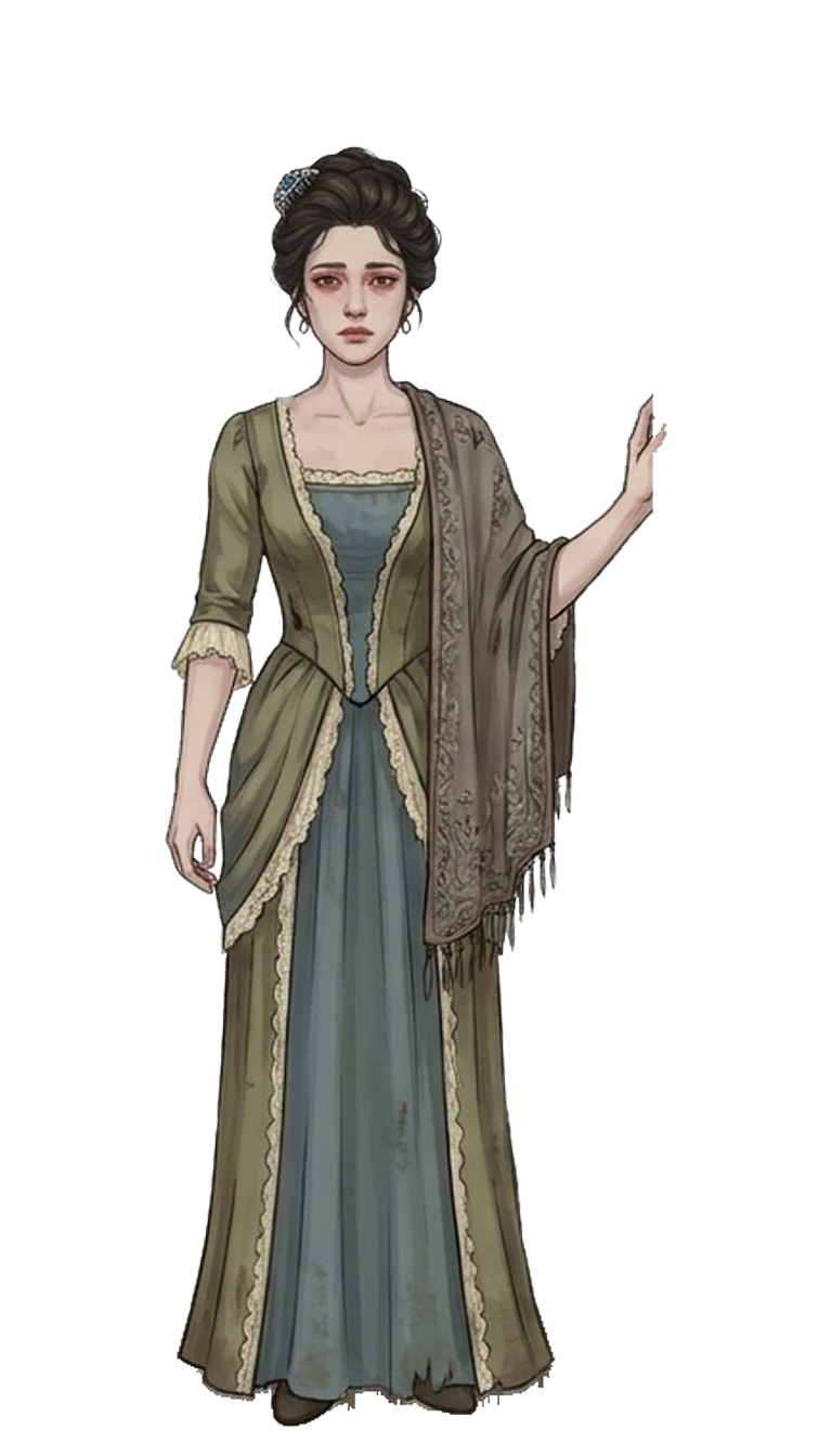 Celeste, a character in a green period dress and shawl