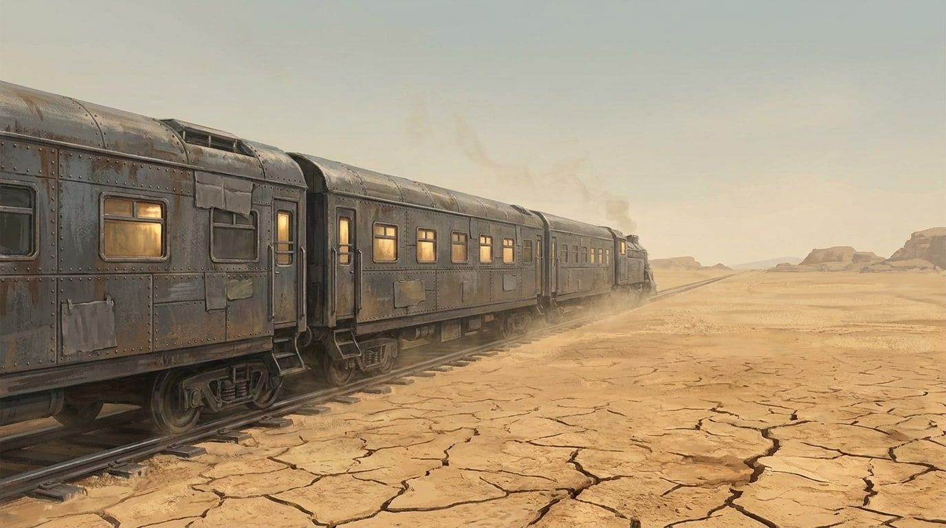 Rusty passenger carriages crossing a cracked desert plain