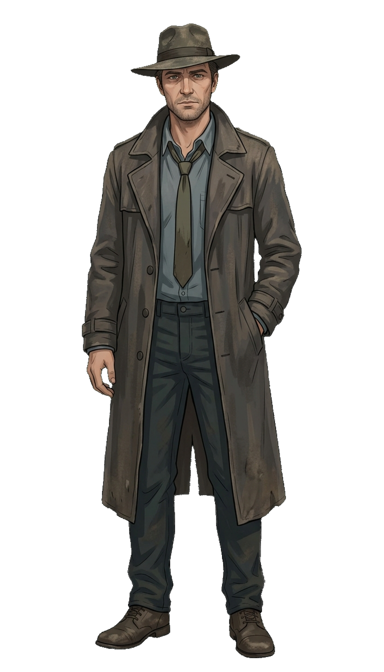 A detective character in a long trench coat and fedora