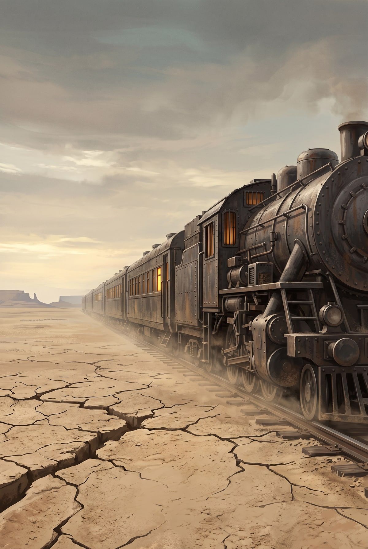 Story cover: an old steam train, smoke rising, on cracked desert ground