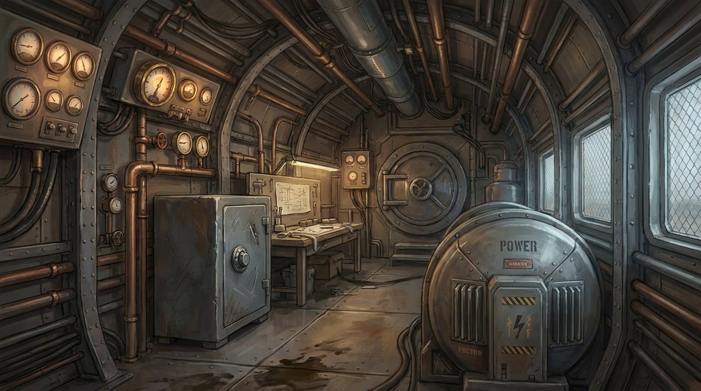 The engineering car: gauges, pipes, a safe and a large power unit