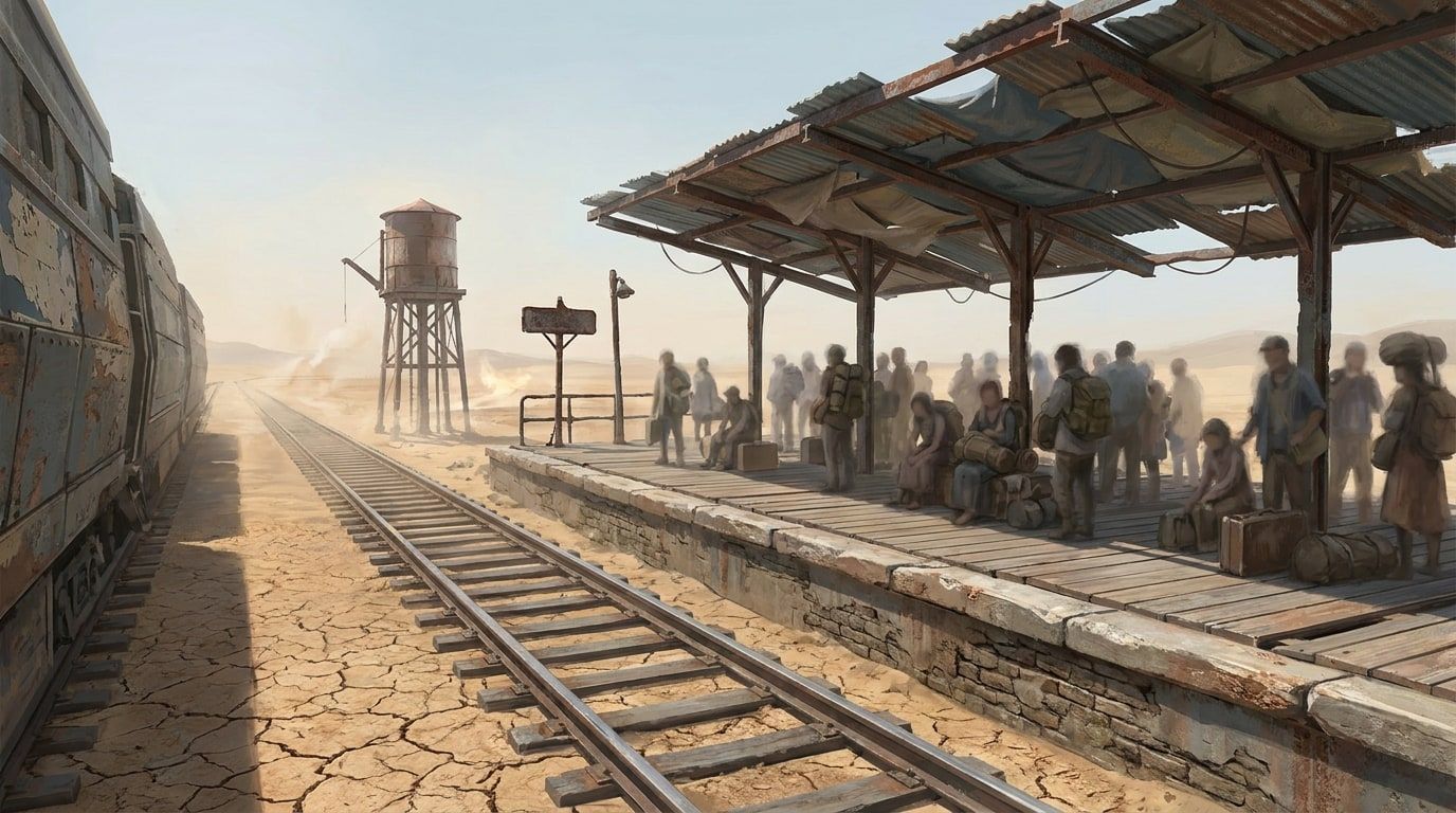A wooden platform beside a water tower in the desert, with passengers waiting for the train