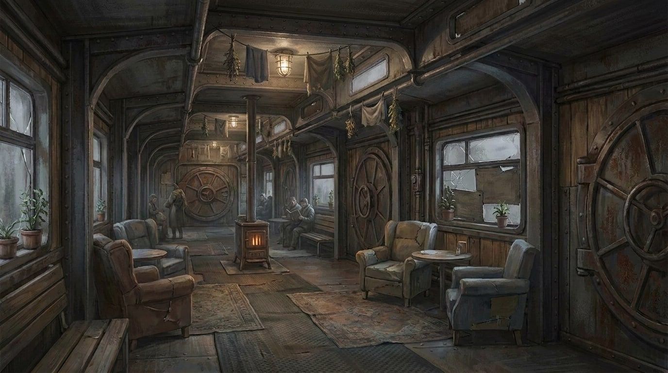 The train's lounge car: worn armchairs, a stove and round wooden doors