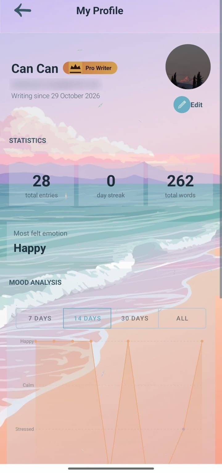 Daerie profile screen: entry, streak and word statistics, most felt emotion and a mood chart