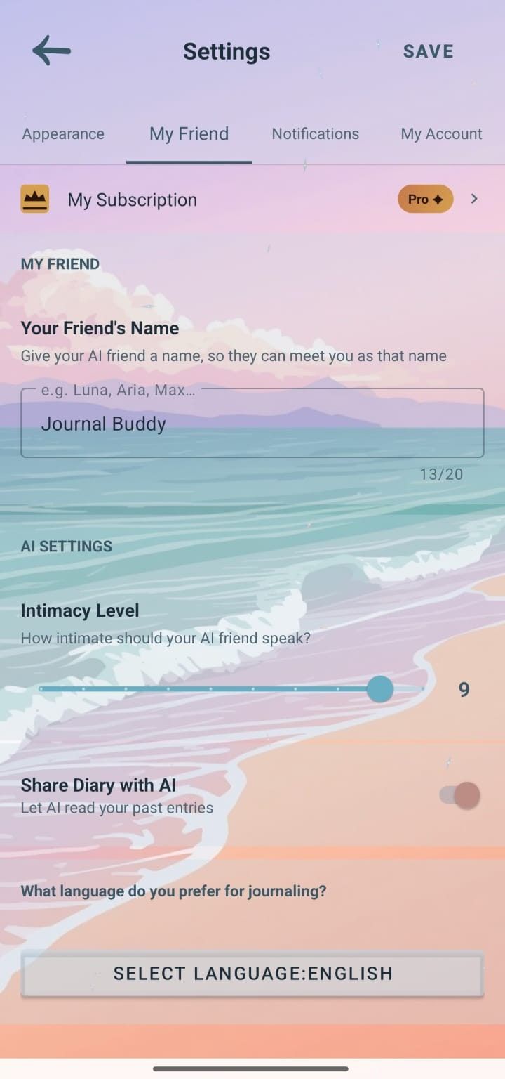 Daerie AI companion settings: the friend's name, intimacy level and an option to share the diary with AI