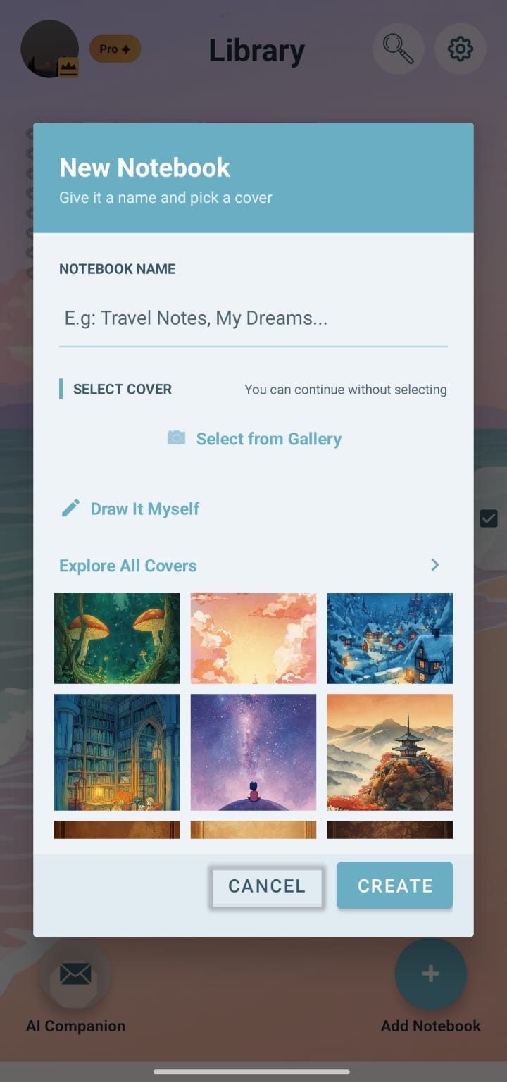 Daerie new notebook dialog: notebook name and cover selection